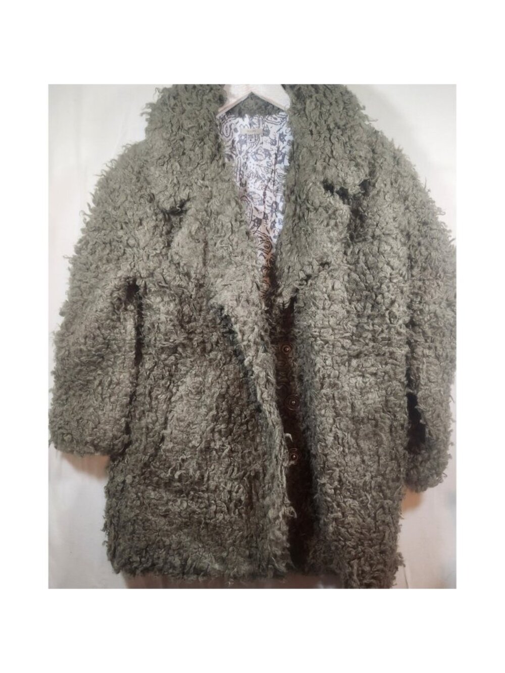 Ecote‎ Urban Outfitters Olive Green Faux Fur Teddy Coat Paisley Lining Small